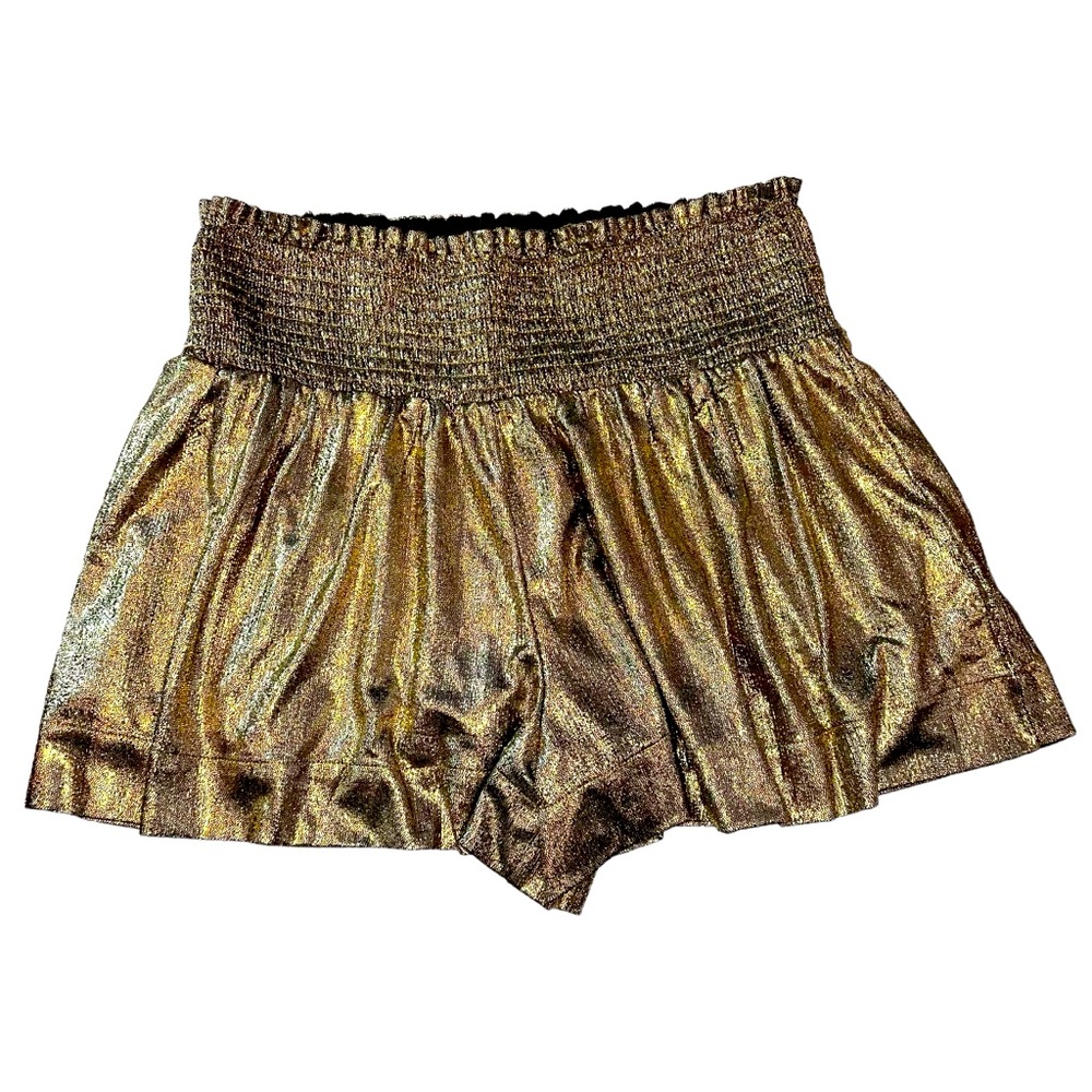 The Pants Store Gold Shimmer Pleated Fly Away Shorts Elastic Waist Size L